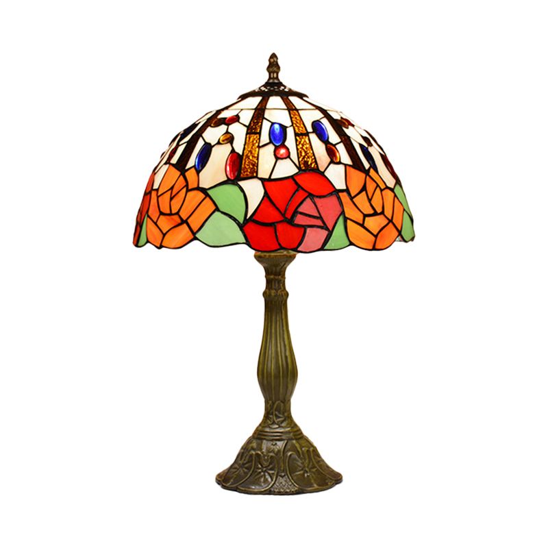 Victorian Style Flower Table Lamp 1 Head Red/Orange Stained Glass Nightstand Light for Bedroom