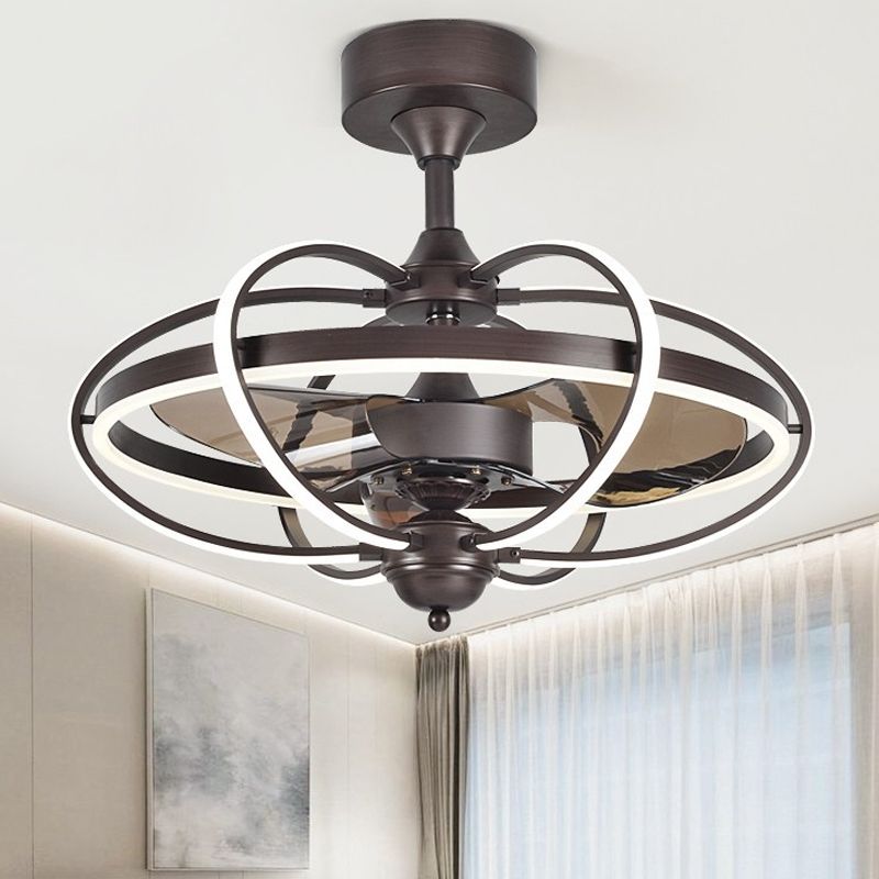 3-Blade Metal Geometry Semi Flush Mount Modernism 26" Wide LED Brown Ceiling Fan Light Fixture