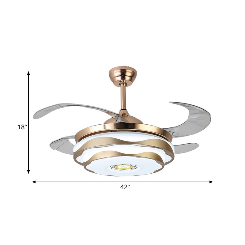 Metal Gold Pendant Fan Lamp Circular LED 42" Wide Modern 4 Blades Semi Flush Ceiling Light Fixture for Bedroom, Remote/Wall Control/Remote and Wall Control