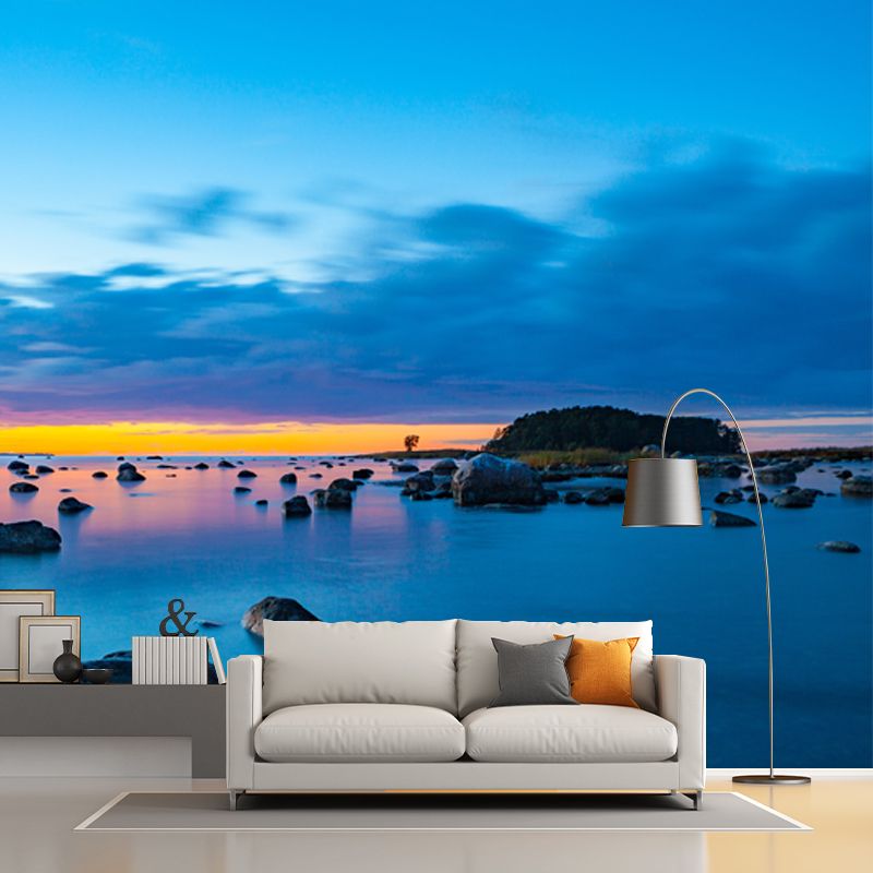 Giant Tropics Mural Decal Blue Scattered Rock on Beach after Sunset Wall Decor, Made to Measure