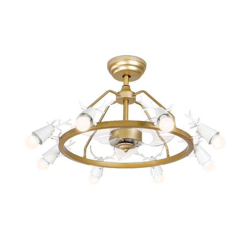 35.5" Wide Tapered Ring Semi Flush Lamp Modernist Acrylic 8-Bulb Gold 3-Blade Pendant Fan Light with Antler Design