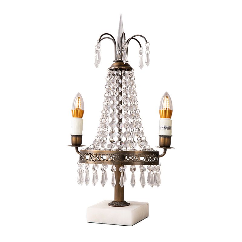 Bronze 2 Heads Nightstand Light Vintage Style Crystal Swag Candelabra Table Lamp for Restaurant