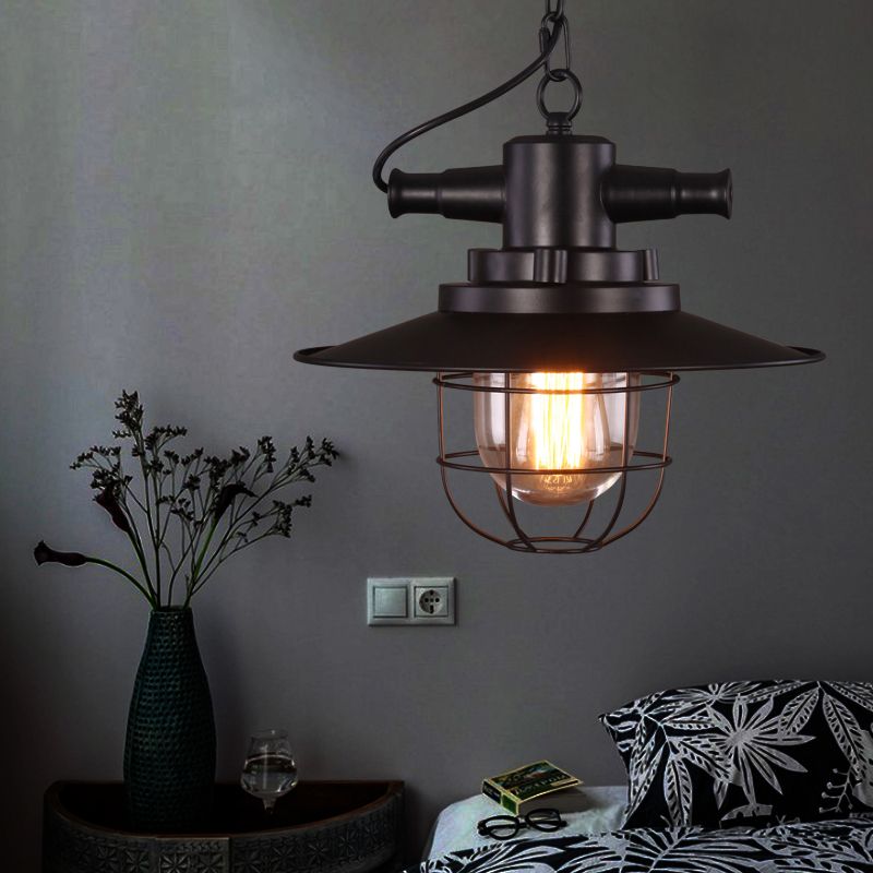 Single-Bulb Saucer Pendulum Light Industrial Black Iron Ceiling Pendant with Cage and Clear Glass Shade