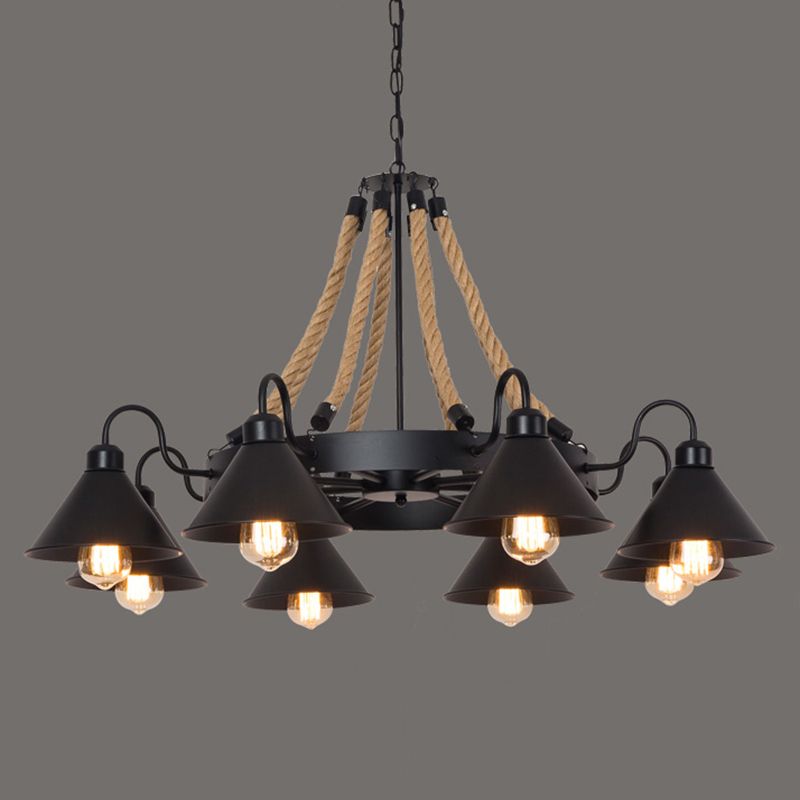 Circle Iron Ceiling Lighting Industrial Restaurant Chandelier Light Fixture with Hemp Rope in Black