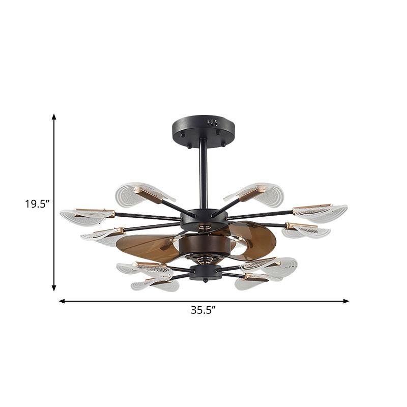 Modern Cattail Leaf Semi Flush Lighting Acrylic 10 Lights Bedroom 3-Blade Fan Lamp Fixture in Black, 35.5" Wide