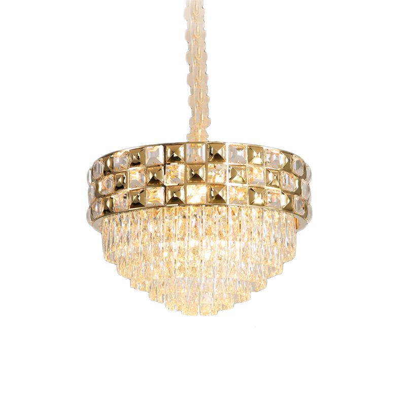 Gold 14-Bulb Pendant Light Postmodern Clear Crystal Tiered Round Chandelier Lamp for Bedroom