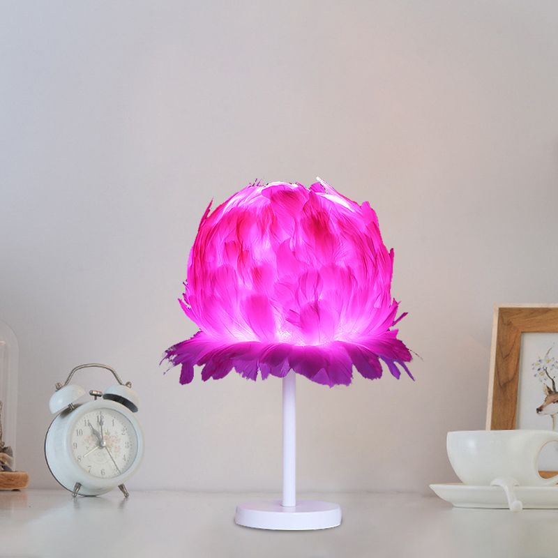 Fabric Feather Globe Table Lighting Modernism 1 Head White/Pink Nightstand Lamp for Bedroom