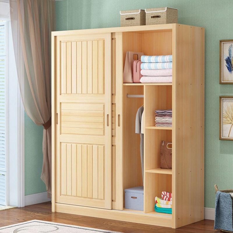 Pine Solid Wood Kids Closet Light Wood Cloth Rod Included Wardrobe Closet