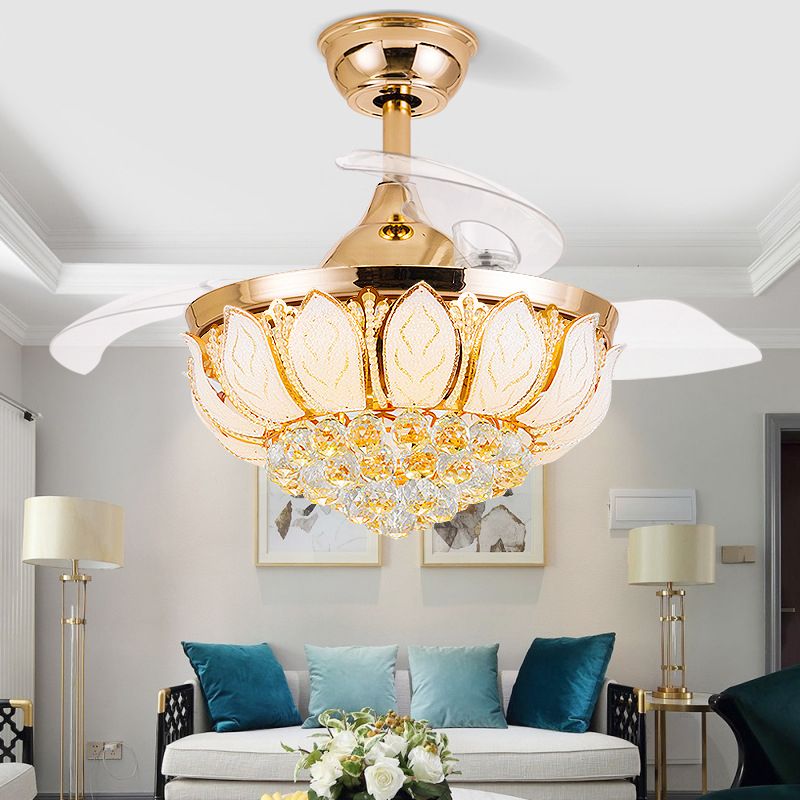 Modern LED Fan Lighting Fixture Crystal Gyroscopic Ceiling Fan in Gold