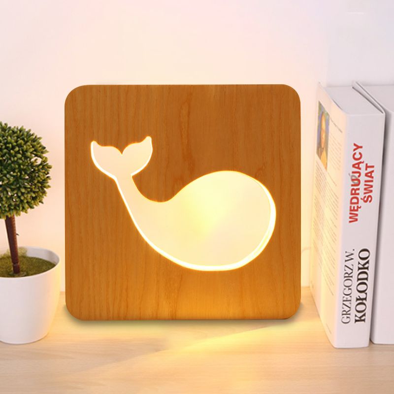 Beige Square Small Desk Light with Dolphin Modern Style Wood Table Light for Kid Bedroom