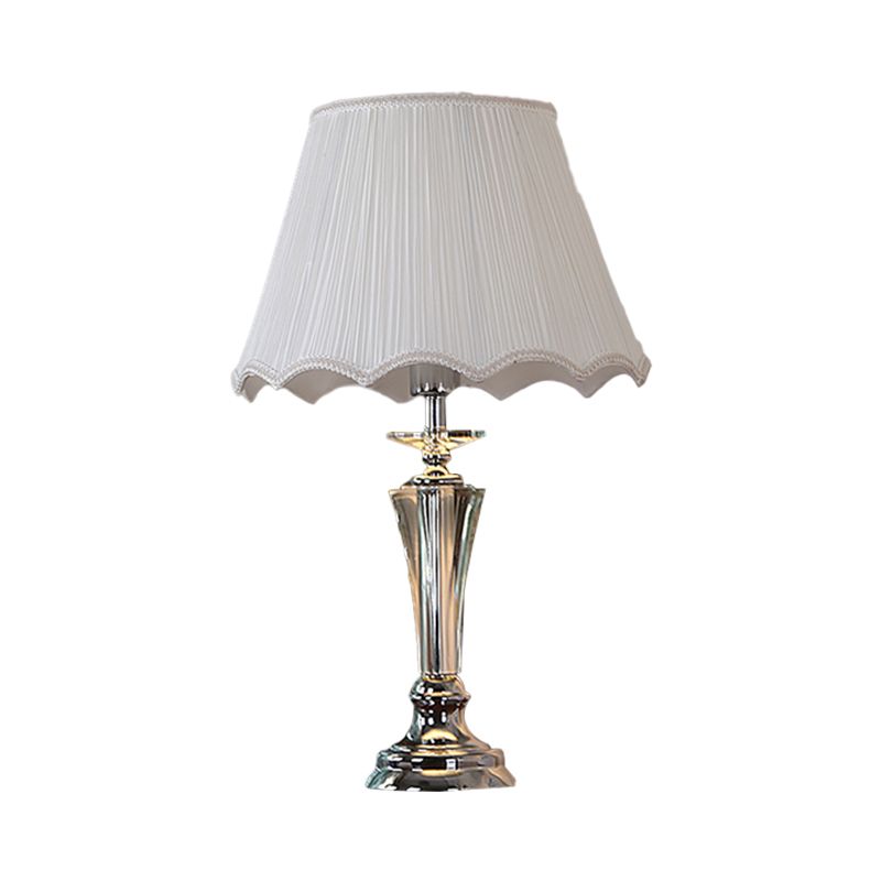 Fabric Blue/White Nightstand Lamp Pleated/Scalloped Shade 1 Head Traditional Crystal Table Light for Bedchamber