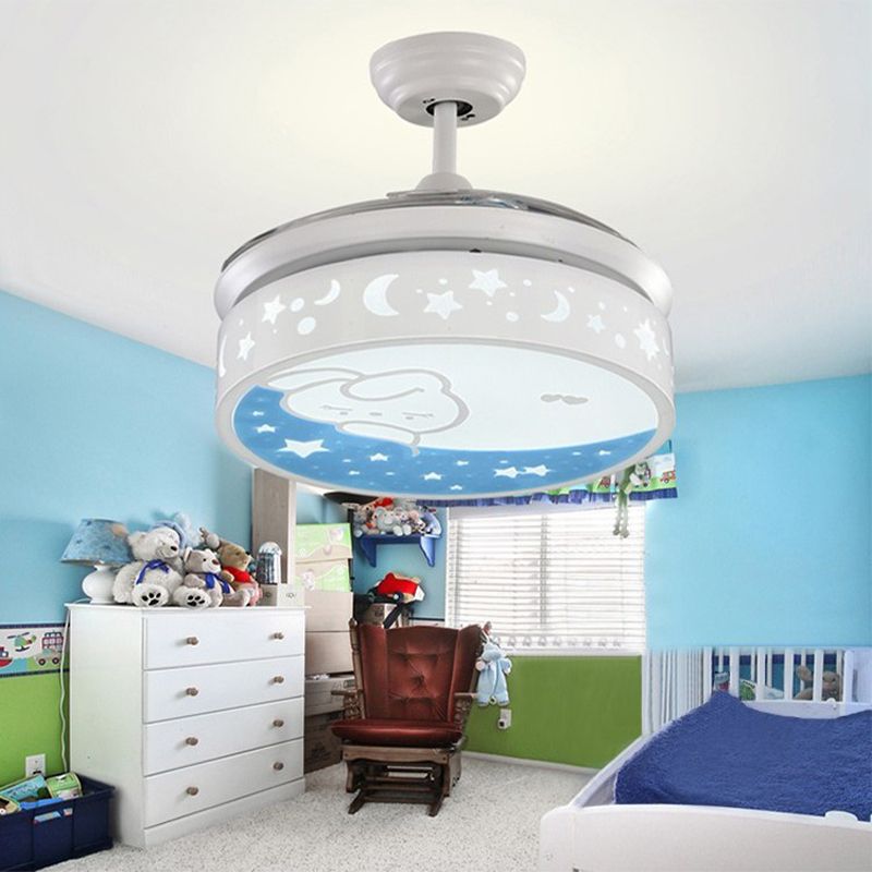 Hedendaagse drumventilator Lamp Metal LED 36 "Wide Kids Slaapkamer 4 Blades Semi Flush Mount in wit met konijn en sterrenpatroon