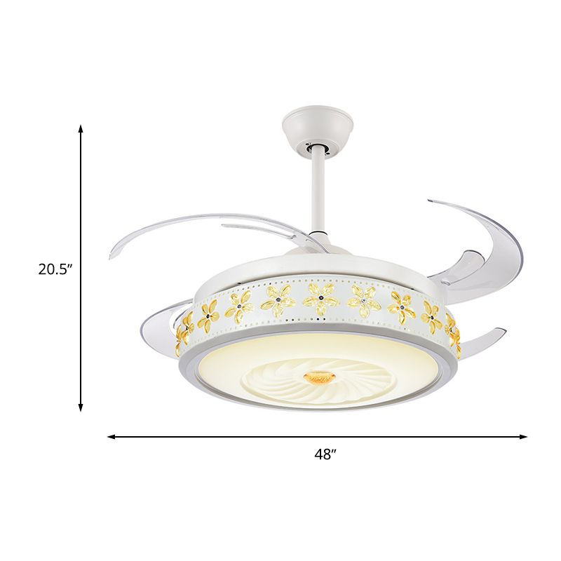 Modern Stylish LED Ceiling Fan Light Metallic White Vortex Semi Flush Lamp with Embedded Amber Crystal Accent