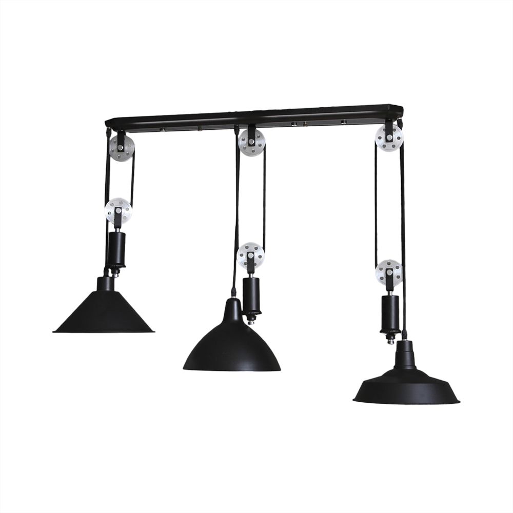 3 lumières pendantes éclairage avec une teinte et des poulies de conception de poulie métal metal industriel intérieur suspendu luminaire en noir