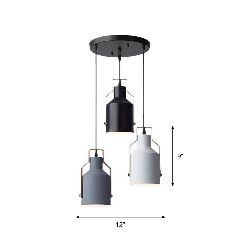 Cylinder/Bottle/Bell Hanging Lamp Kit Nordic Metal 3-Head Dining Room Suspension Pendant in Black