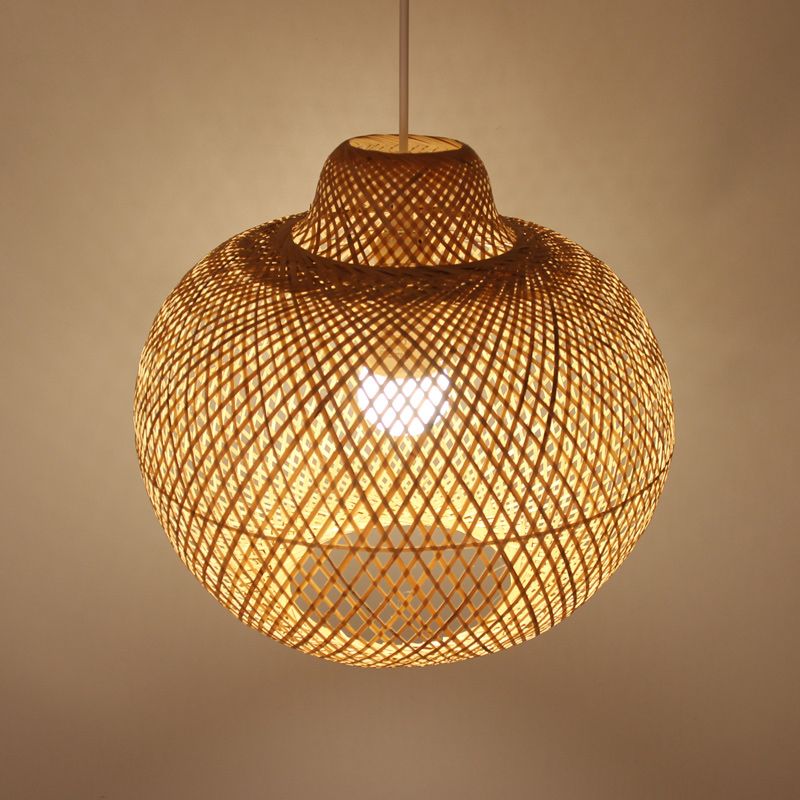 Cross Weaving Lantern Pendant Light Chinese Bamboo Single Khaki Ceiling Suspension Lamp