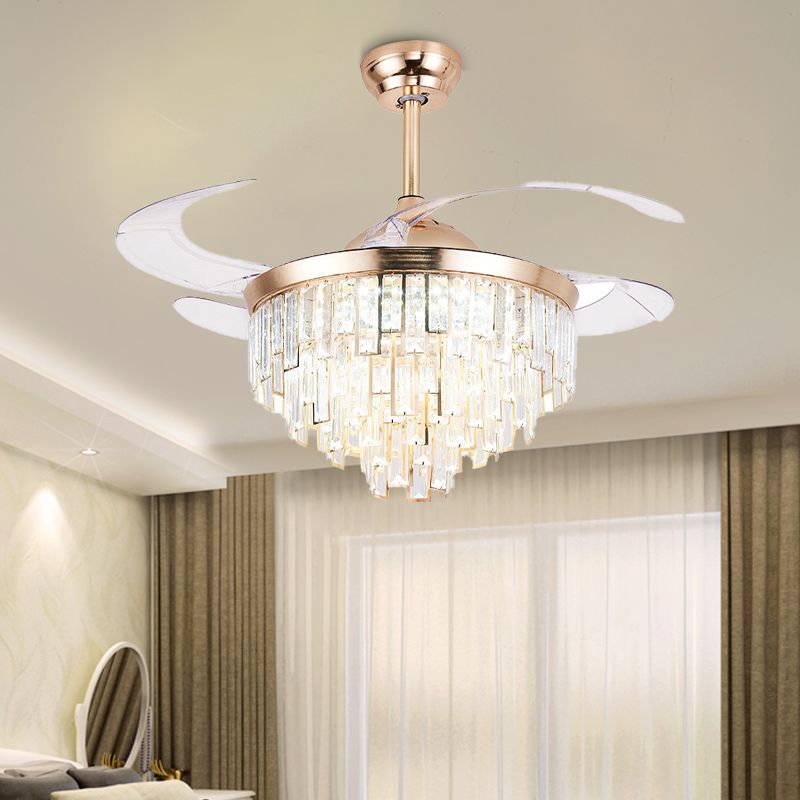 Crystal Cylindrical Ceiling Fan Light Modernism LED Lighting Fixture in Gold with Remote Control/Wall Control/Remote Control and Wall Control for Living Room