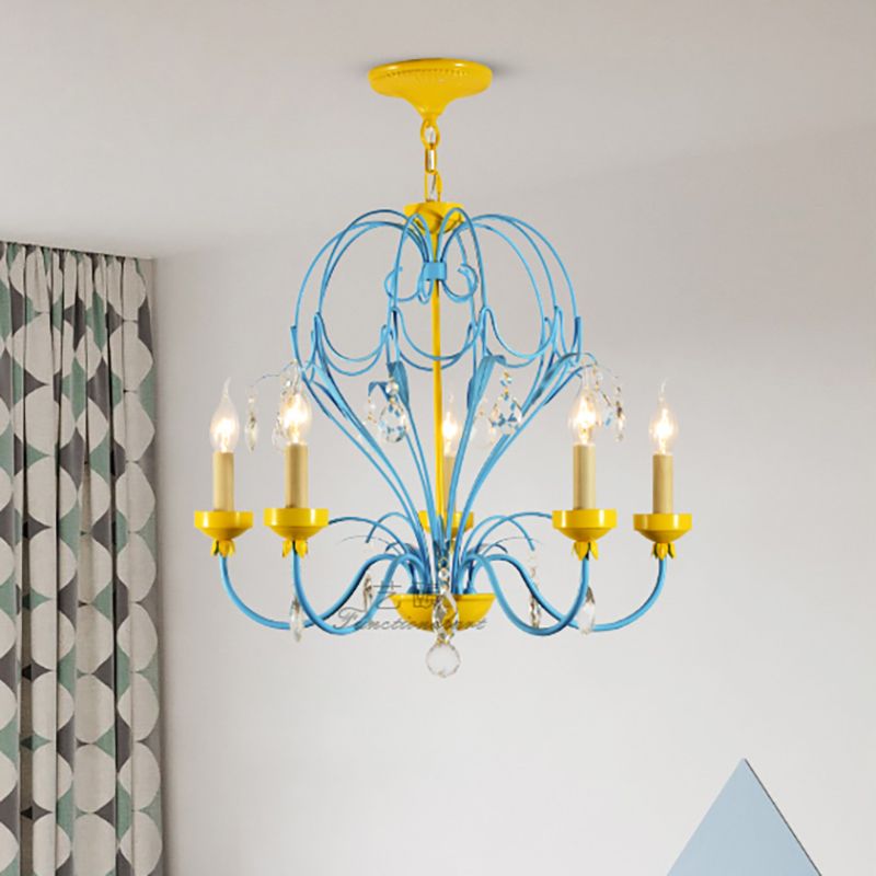 Macaron Candle Hanging Light Metallic 5 Lights Chandelier Lamp with Crystal Drop in Yellow and Blue for Children