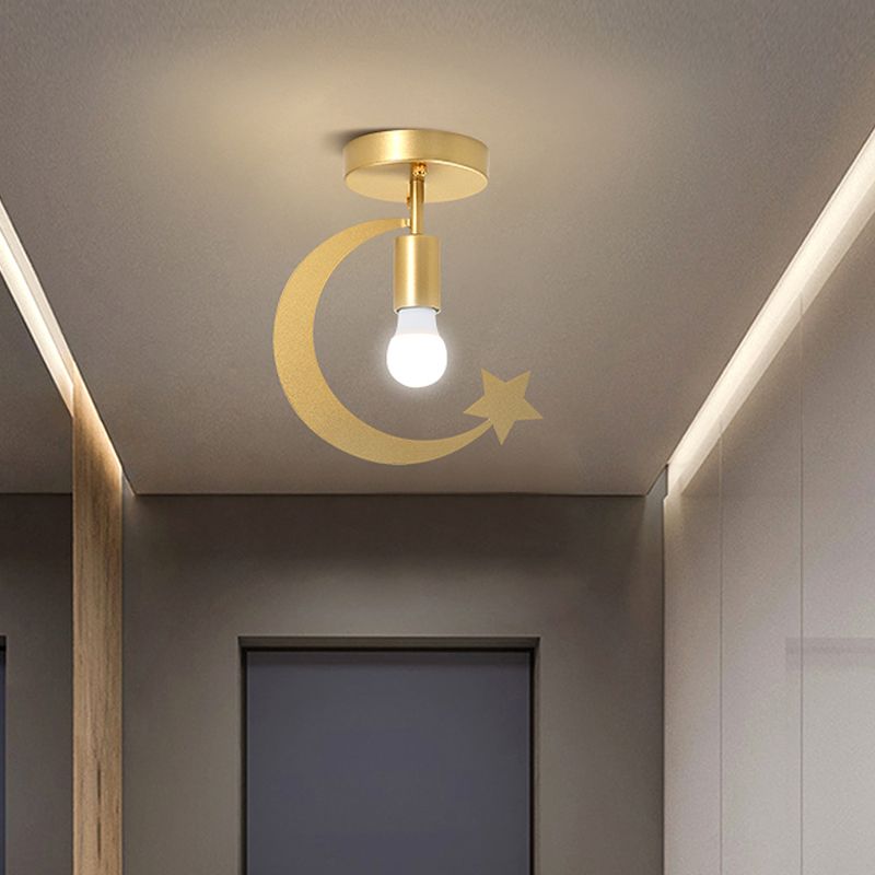 Grey/Gold Crescent and Star Semi Flush Mount Lighting Kids 1 Light Iron Flush Ceiling Light for Corridor