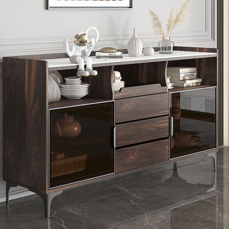 Modern Walnut Dining Hutch 3 Drawers Brown Hutch Cabinet for Dining Room