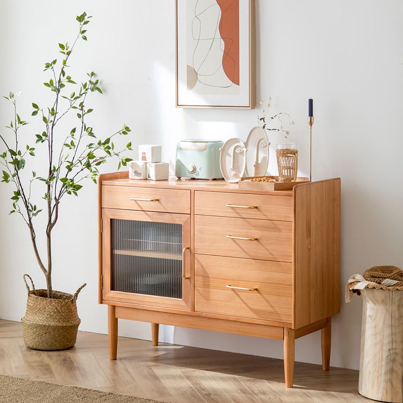 Modern Pine Solid Wood Sideboard 4-drawer Antique Finish Dining Server with Glass Door