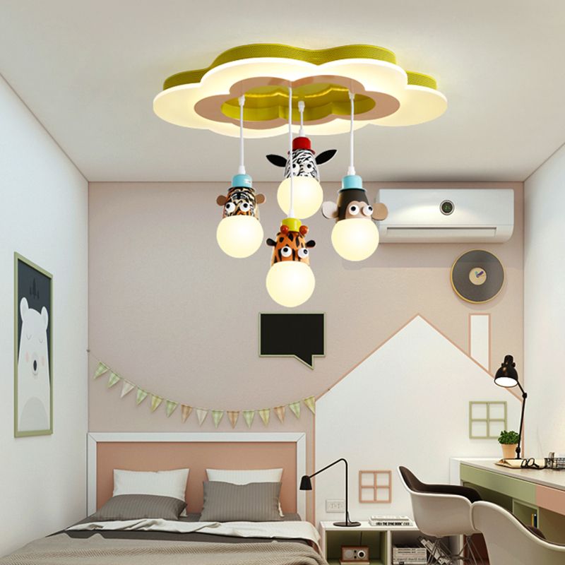 Metallic Animal Head Multi Ceiling Lamp Kids White Suspension Light with Cloud Shaped Canopy