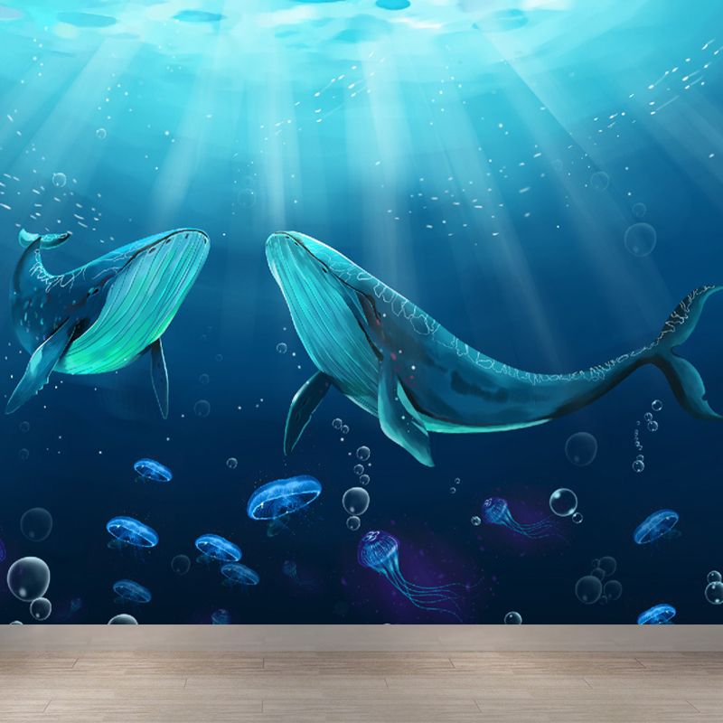 Blue Underwater Dolphins Wallpaper Mural Stain Resistant Wall Art for Kids Bedroom