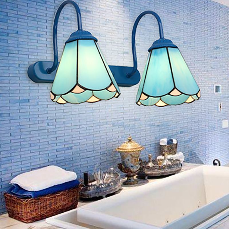 2-Bulb Handcrafted Art Glass Wall Lamp Tiffany Bell Shaped Bathroom Vanity Light