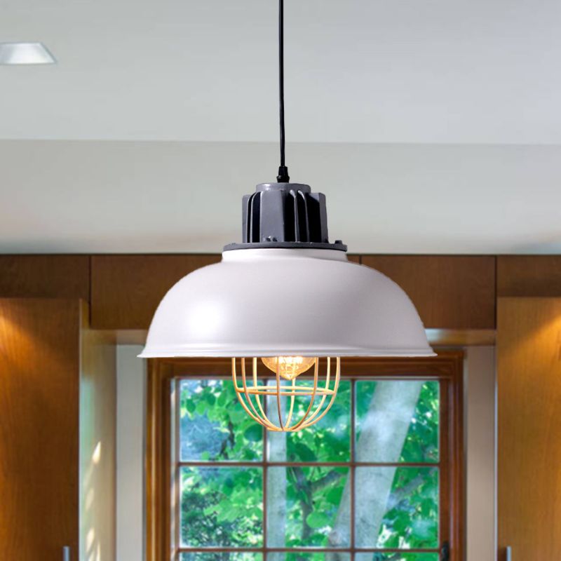 White Domed Drop Pendant Lamp Industrial Metal 1-Bulb Restaurant Ceiling Suspension Lamp