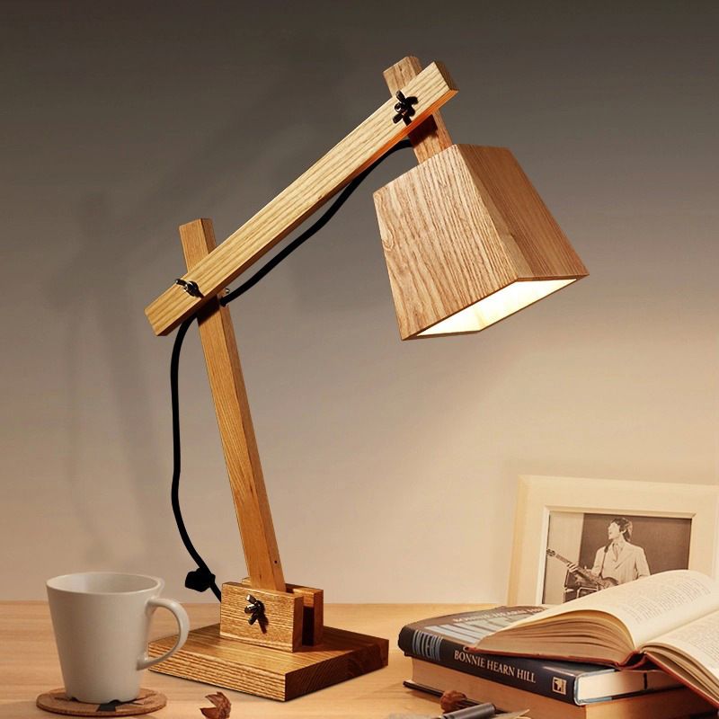 1 mesa de dormitorio de bulbo Lámpara de escritorio pequeña y marrón moderna con sombra de madera trapezoide