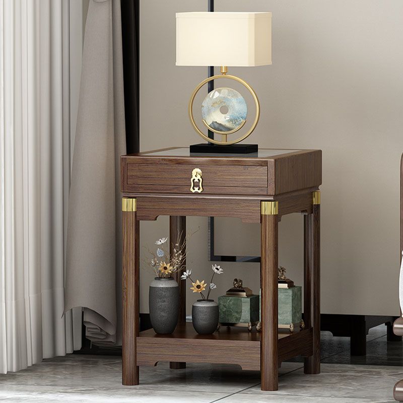 Traditional Square Wooden Sofa Side Accent Table with Storage and Shelf