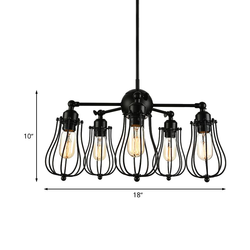18"/25.5" W 5 Lights Chandelier Lighting Farmhouse Wire Cage Iron Ceiling Light Fixture with Bulb Shade in Black