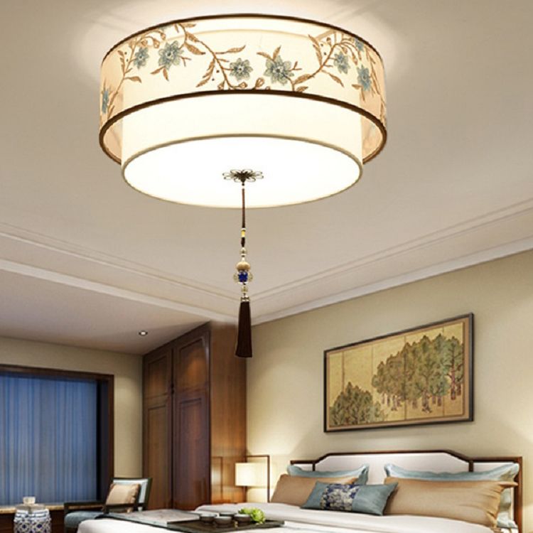 Geometry Shape Ceiling Lamp Tradition Iron Flush Mount with Fabric Lampshade for Corridor