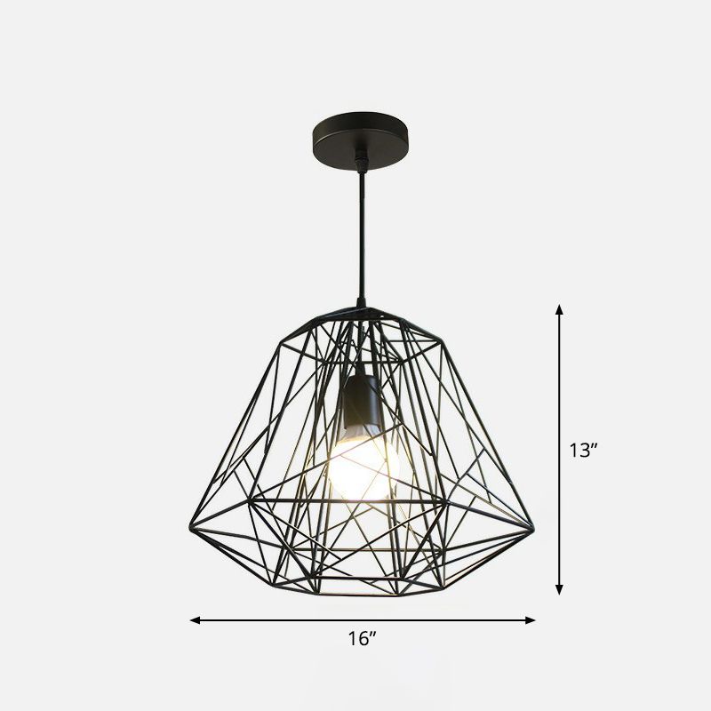 Iron Wire Diamond Pendant Lamp Loft Style 1 Bulb Restaurant Ceiling Hang Light in Black