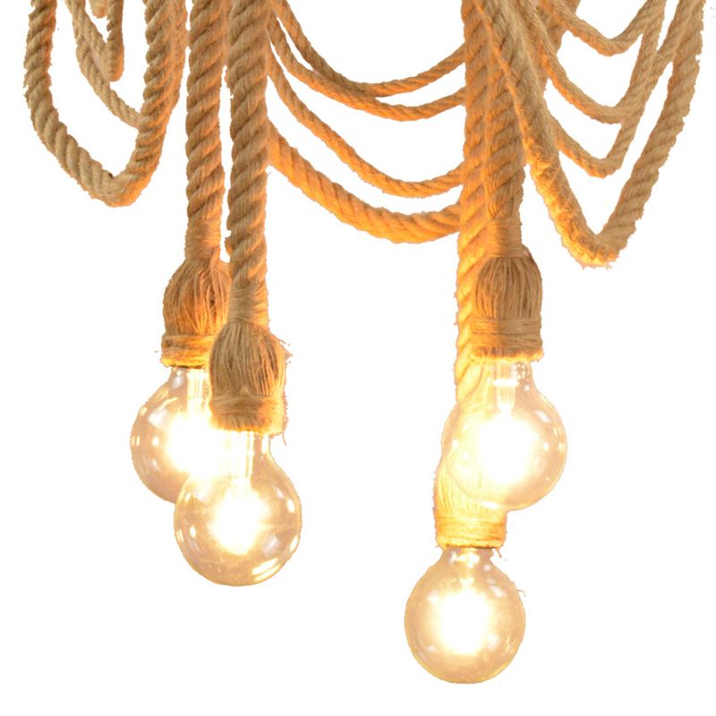 Beige 4 Heads Chandelier Lighting Farmhouse Rubber Tyre Pendant Light Fixture with Open Bulb and Rope Cord Design