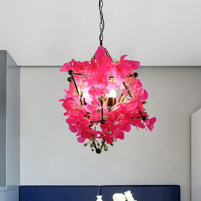 Metal Star Frame Chandelier Lamp Retro Style 4 Lights Restaurant Suspension Pendant with Yellow/Rose Red Floral