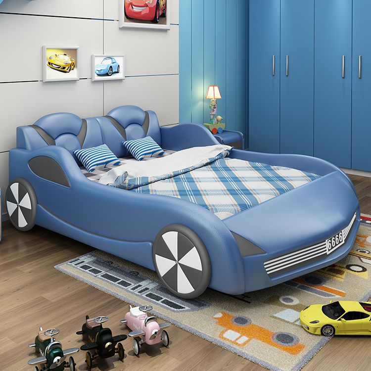 Modern Leather Platform Bed Low Profile Blue Headboard Cars Theme Bed