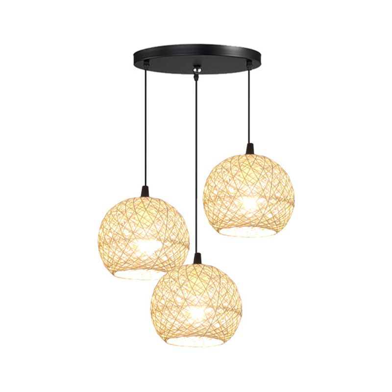 Beige Globe Pendant Lamp Fixture Minimalist Rattan Suspension Light for Dining Room