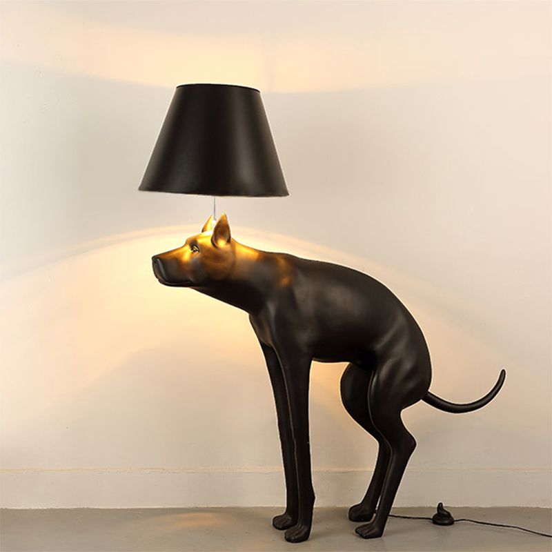 Resin Dog Nightstand Lamp Country Style 1 Bulb Bedroom Night Table Light in Black with Cone Fabric Shade