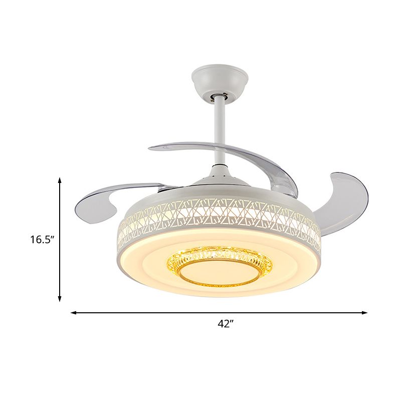 42" Width Modernism Circle Pendant Fan Lamp LED Acrylic Semi Flush Mount Ceiling Light in White with 4 Clear Blades, Remote/Wall Control