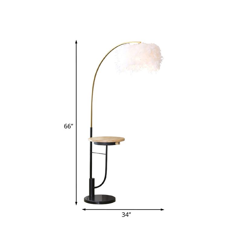 Fishing Rod Metal Desk Floor Light Modernism Single Gold and Black Standing Lamp with Drum White Feather Shade