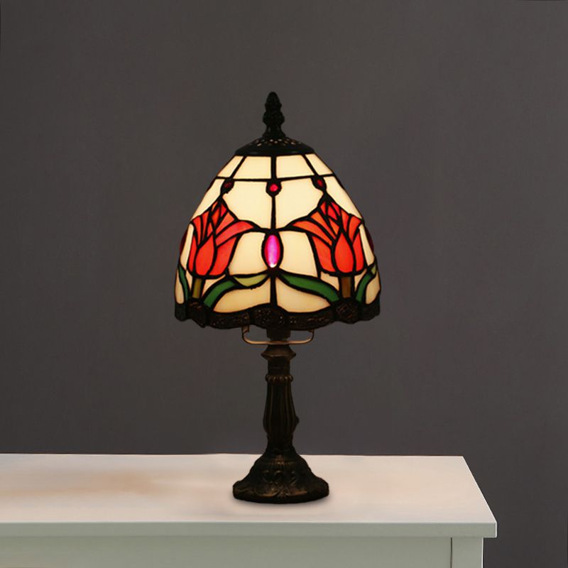 Dome Shape Nightstand Lighting 1-Light Stained Glass Baroque Style Blossom Patterned Table Lamp in Red/Pink/Orange