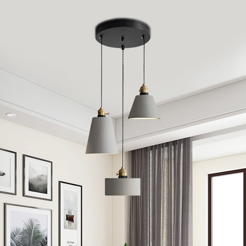 Industrial Geometric Multi Pendant 3 Lights Cement Hanging Ceiling Lamp in Grey with Round Canopy