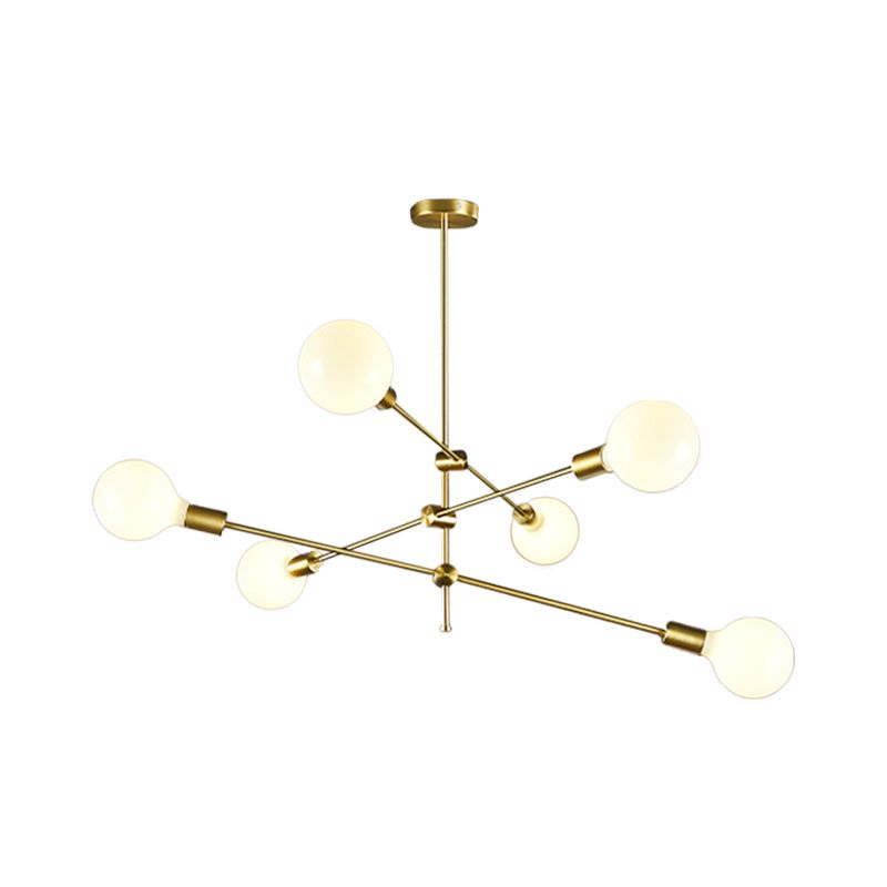 Chandelier à 3 bras rotatif minimalisme Verre à balle blanc 6 bulbes Gold suspension suspension