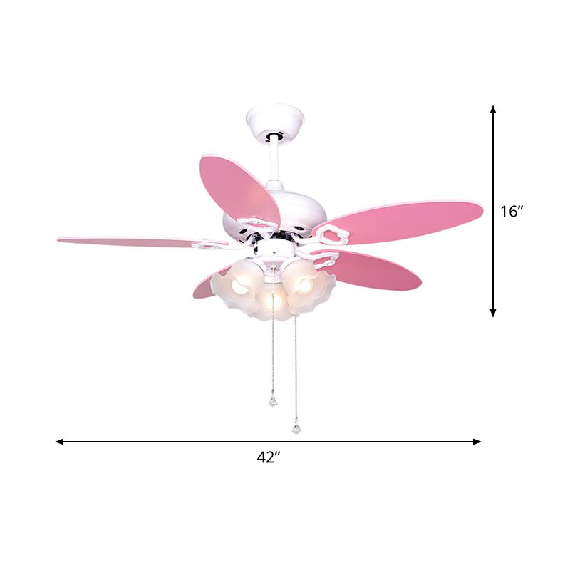 3-Bulb Semi Flush Light Kids Bedroom 5 Pink Blades Hanging Fan Lamp with Floral Opal Glass Shade, 42" W