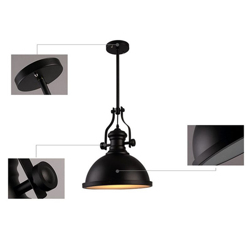 Style industriel Metal Hanging Light Restaurant 1 Pendentif de plafond dôme léger en noir