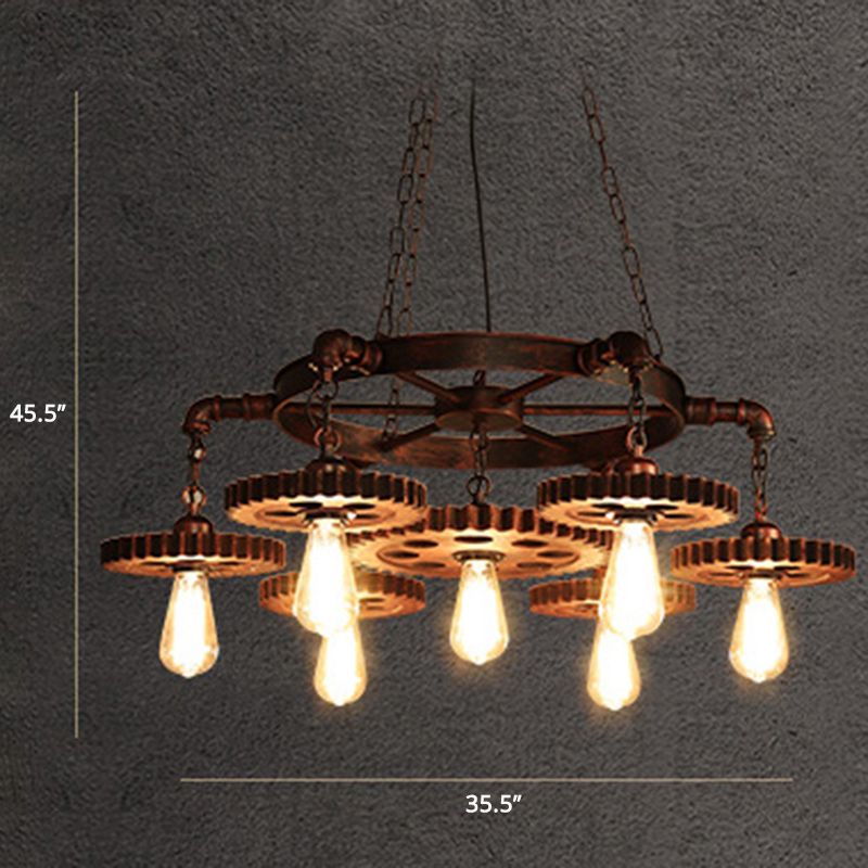 Bronze Finish Chandelier Factory Style Iron Bare Bulb Suspension Light with Gear and Wheel Deco