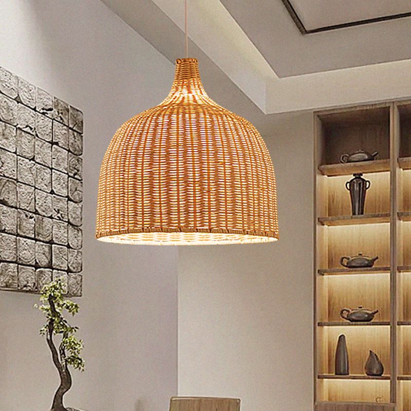 Beige Bowl Ceiling Pendant Lamp Asian 1 Light 11"/18" Wide Bamboo Hanging Light Fixture