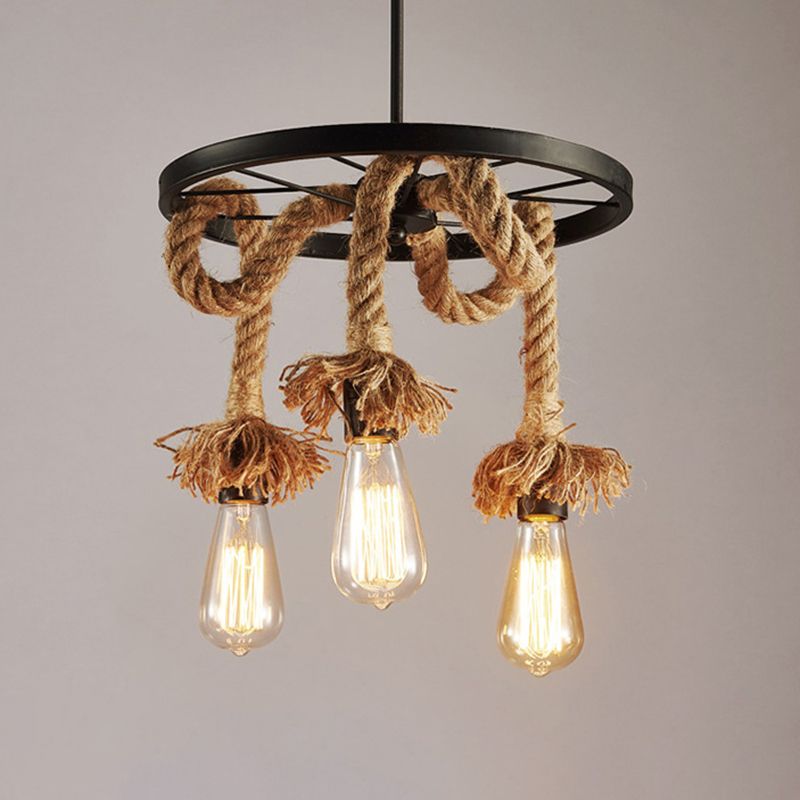 Industrial Exposed Bulb Chandelier Lamp Rope Suspension Pendant Light for Living Room