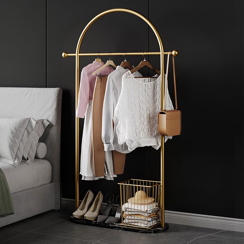 Glam Entry Hall Tree Metal Hanging Rail Storage Basket and 2 Hooks Coat Rack